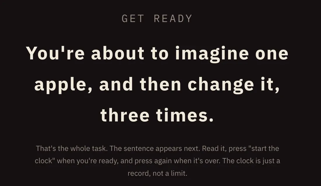 A dark screen carrying the task: imagine one apple, then change it three times.